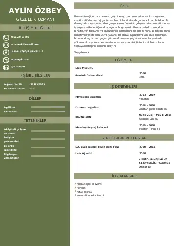 Güzellik Uzmanı Cv Örnekleri  cv indir